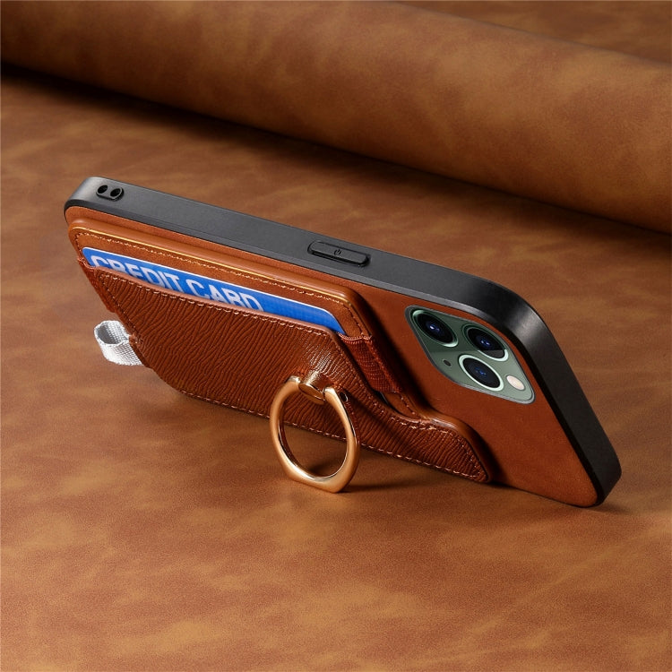 For iPhone 11 Retro Magsafe Cross Leather Ring Holder Card Bag Phone Case(Brown) - iPhone 11 Cases by buy2fix | Online Shopping UK | buy2fix