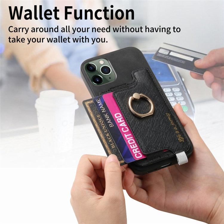 For iPhone 11 Retro Magsafe Cross Leather Ring Holder Card Bag Phone Case(Black) - iPhone 11 Cases by buy2fix | Online Shopping UK | buy2fix