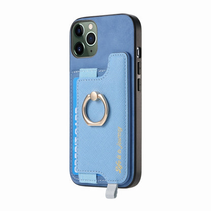 For iPhone 11 Pro Retro Magsafe Cross Leather Ring Holder Card Bag Phone Case(Blue) - iPhone 11 Pro Cases by buy2fix | Online Shopping UK | buy2fix