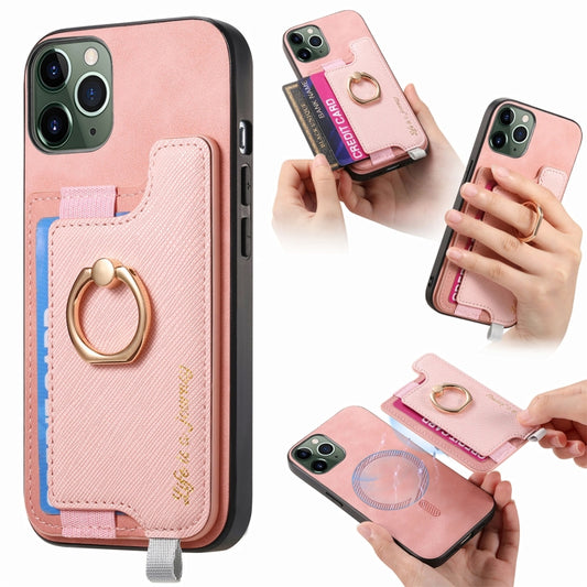 For iPhone 11 Pro Retro Magsafe Cross Leather Ring Holder Card Bag Phone Case(Pink) - iPhone 11 Pro Cases by buy2fix | Online Shopping UK | buy2fix