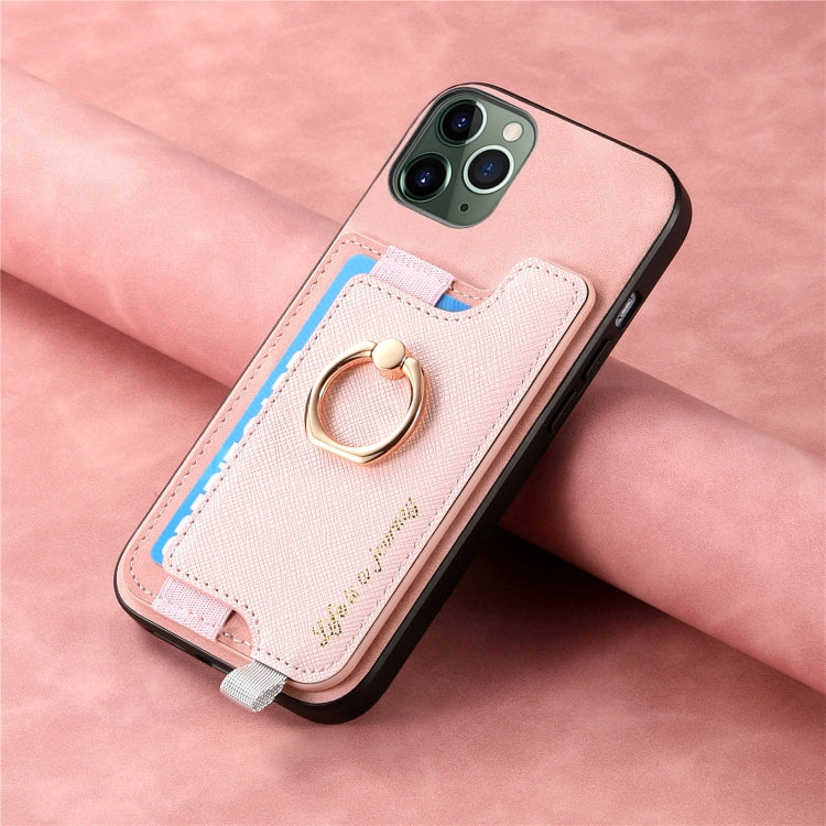 For iPhone 11 Pro Retro Magsafe Cross Leather Ring Holder Card Bag Phone Case(Pink) - iPhone 11 Pro Cases by buy2fix | Online Shopping UK | buy2fix