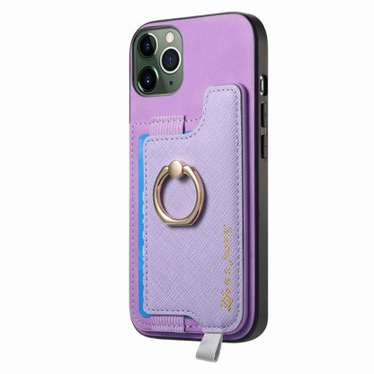 For iPhone 11 Pro Retro Magsafe Cross Leather Ring Holder Card Bag Phone Case(Purple) - iPhone 11 Pro Cases by buy2fix | Online Shopping UK | buy2fix