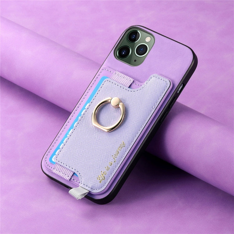 For iPhone 11 Pro Retro Magsafe Cross Leather Ring Holder Card Bag Phone Case(Purple) - iPhone 11 Pro Cases by buy2fix | Online Shopping UK | buy2fix