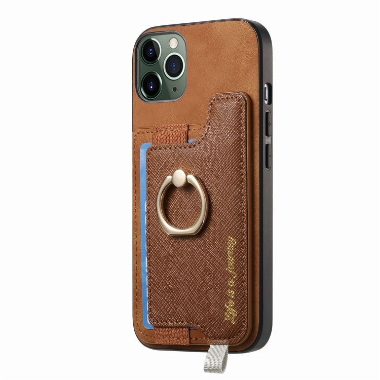 For iPhone 11 Pro Retro Magsafe Cross Leather Ring Holder Card Bag Phone Case(Brown) - iPhone 11 Pro Cases by buy2fix | Online Shopping UK | buy2fix