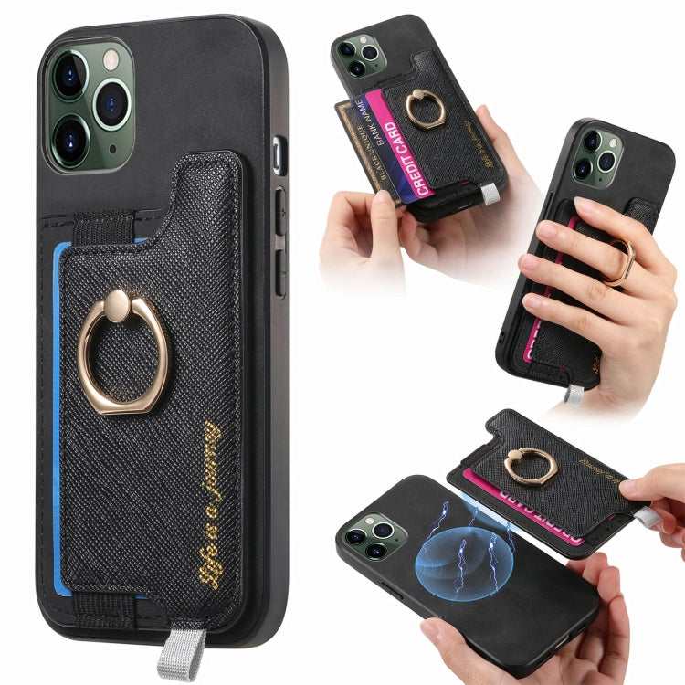 For iPhone 11 Pro Retro Magsafe Cross Leather Ring Holder Card Bag Phone Case(Black) - iPhone 11 Pro Cases by buy2fix | Online Shopping UK | buy2fix