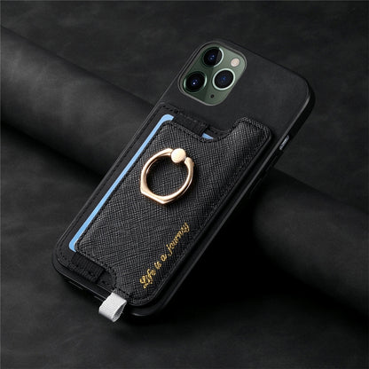 For iPhone 11 Pro Retro Magsafe Cross Leather Ring Holder Card Bag Phone Case(Black) - iPhone 11 Pro Cases by buy2fix | Online Shopping UK | buy2fix