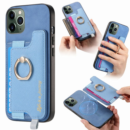 For iPhone 11 Pro Max Retro Magsafe Cross Leather Ring Holder Card Bag Phone Case(Blue) - iPhone 11 Pro Max Cases by buy2fix | Online Shopping UK | buy2fix