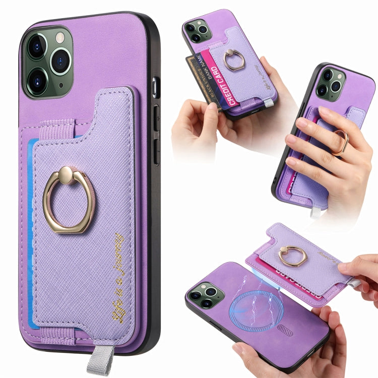 For iPhone 11 Pro Max Retro Magsafe Cross Leather Ring Holder Card Bag Phone Case(Purple) - iPhone 11 Pro Max Cases by buy2fix | Online Shopping UK | buy2fix
