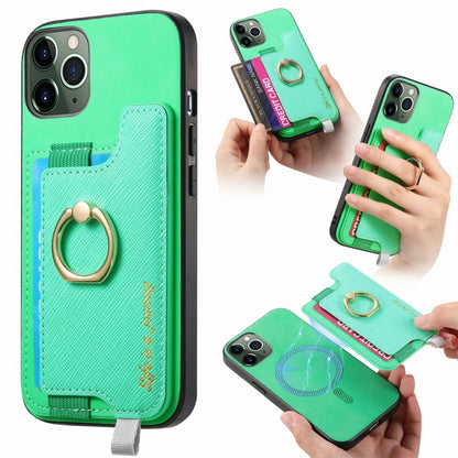 For iPhone 11 Pro Max Retro Magsafe Cross Leather Ring Holder Card Bag Phone Case(Green) - iPhone 11 Pro Max Cases by buy2fix | Online Shopping UK | buy2fix