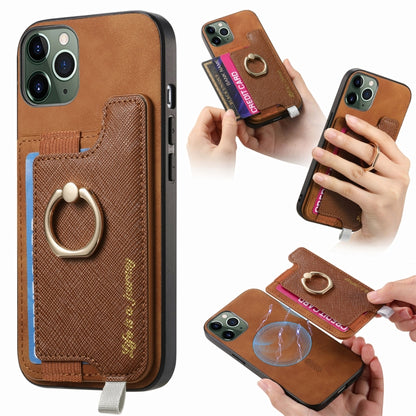 For iPhone 11 Pro Max Retro Magsafe Cross Leather Ring Holder Card Bag Phone Case(Brown) - iPhone 11 Pro Max Cases by buy2fix | Online Shopping UK | buy2fix