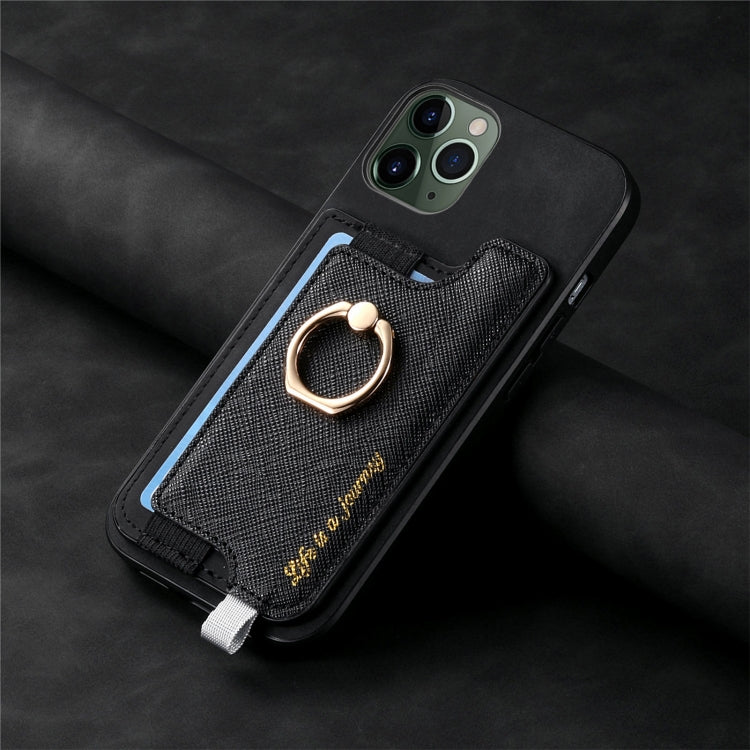 For iPhone 11 Pro Max Retro Magsafe Cross Leather Ring Holder Card Bag Phone Case(Black) - iPhone 11 Pro Max Cases by buy2fix | Online Shopping UK | buy2fix