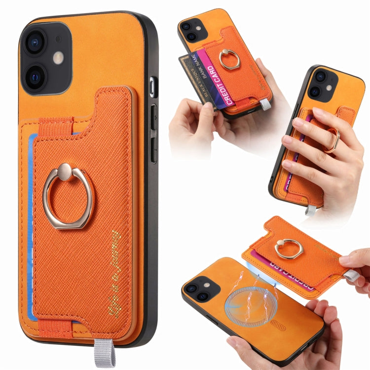 For iPhone 12 / 12 Pro Retro Magsafe Cross Leather Ring Holder Card Bag Phone Case(Yellow) - More iPhone Cases by buy2fix | Online Shopping UK | buy2fix