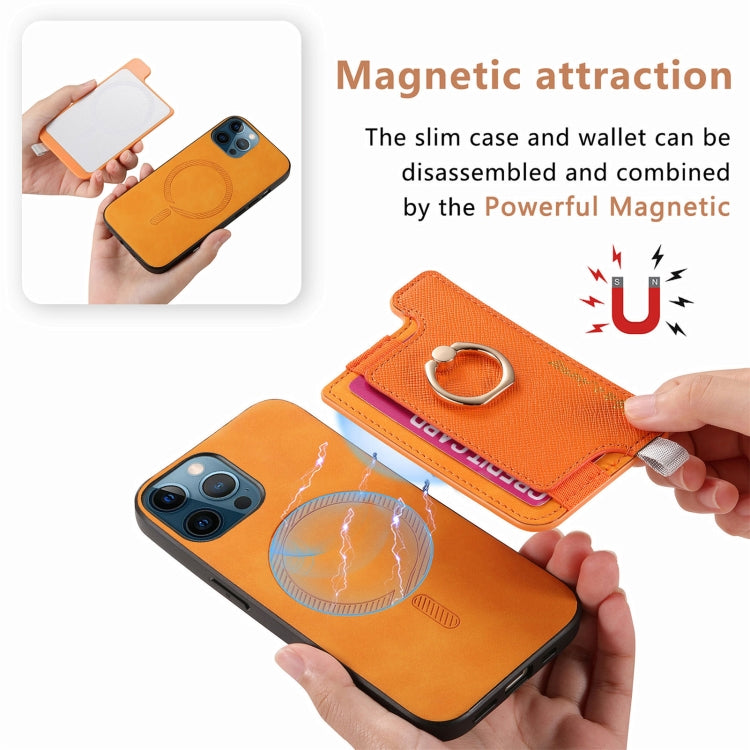 For iPhone 12 / 12 Pro Retro Magsafe Cross Leather Ring Holder Card Bag Phone Case(Yellow) - More iPhone Cases by buy2fix | Online Shopping UK | buy2fix