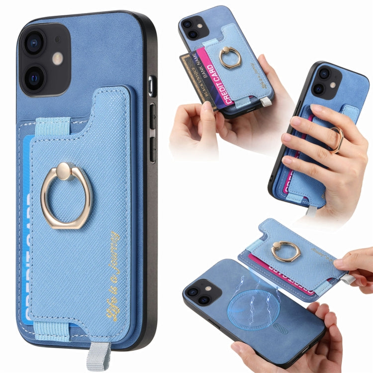 For iPhone 12 / 12 Pro Retro Magsafe Cross Leather Ring Holder Card Bag Phone Case(Blue) - More iPhone Cases by buy2fix | Online Shopping UK | buy2fix