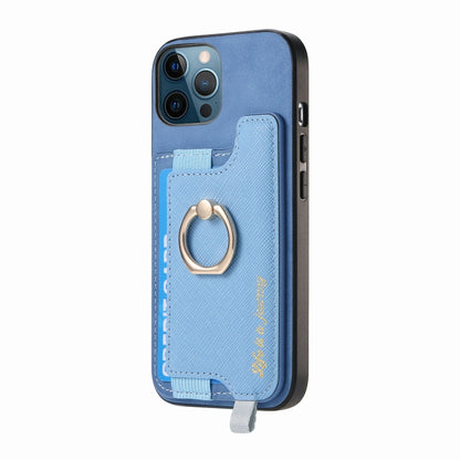 For iPhone 12 / 12 Pro Retro Magsafe Cross Leather Ring Holder Card Bag Phone Case(Blue) - More iPhone Cases by buy2fix | Online Shopping UK | buy2fix