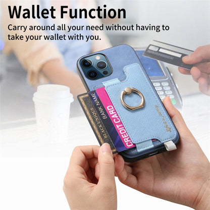 For iPhone 12 / 12 Pro Retro Magsafe Cross Leather Ring Holder Card Bag Phone Case(Blue) - More iPhone Cases by buy2fix | Online Shopping UK | buy2fix