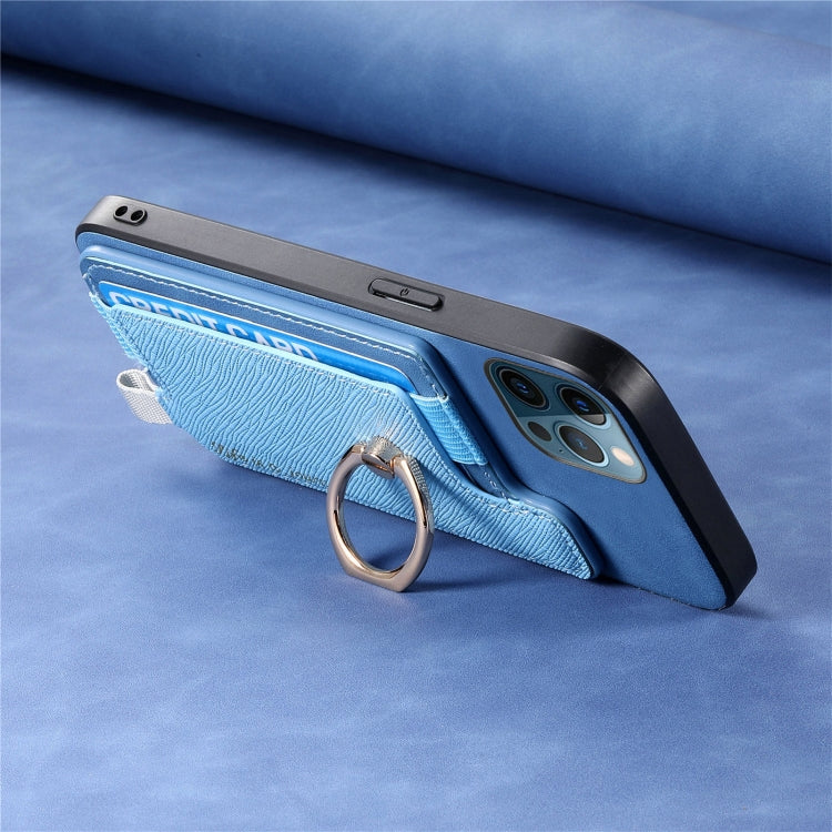 For iPhone 12 / 12 Pro Retro Magsafe Cross Leather Ring Holder Card Bag Phone Case(Blue) - More iPhone Cases by buy2fix | Online Shopping UK | buy2fix