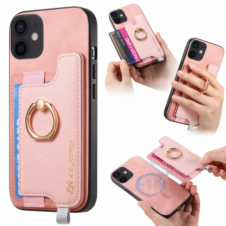 For iPhone 12 / 12 Pro Retro Magsafe Cross Leather Ring Holder Card Bag Phone Case(Pink) - More iPhone Cases by buy2fix | Online Shopping UK | buy2fix