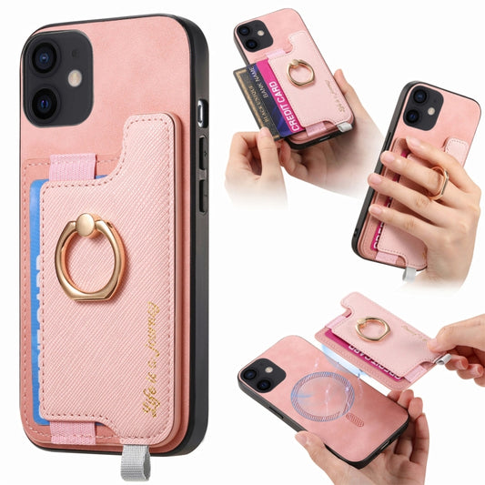 For iPhone 12 / 12 Pro Retro Magsafe Cross Leather Ring Holder Card Bag Phone Case(Pink) - More iPhone Cases by buy2fix | Online Shopping UK | buy2fix