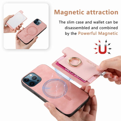For iPhone 12 / 12 Pro Retro Magsafe Cross Leather Ring Holder Card Bag Phone Case(Pink) - More iPhone Cases by buy2fix | Online Shopping UK | buy2fix