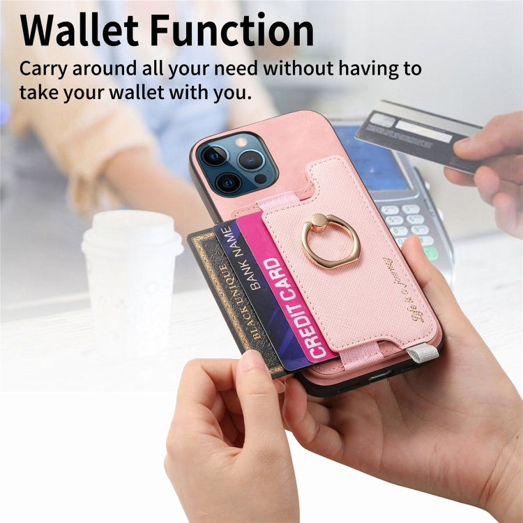 For iPhone 12 / 12 Pro Retro Magsafe Cross Leather Ring Holder Card Bag Phone Case(Pink) - More iPhone Cases by buy2fix | Online Shopping UK | buy2fix