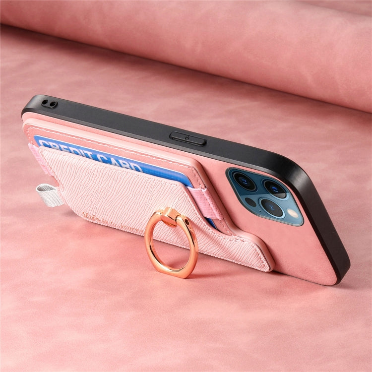 For iPhone 12 / 12 Pro Retro Magsafe Cross Leather Ring Holder Card Bag Phone Case(Pink) - More iPhone Cases by buy2fix | Online Shopping UK | buy2fix