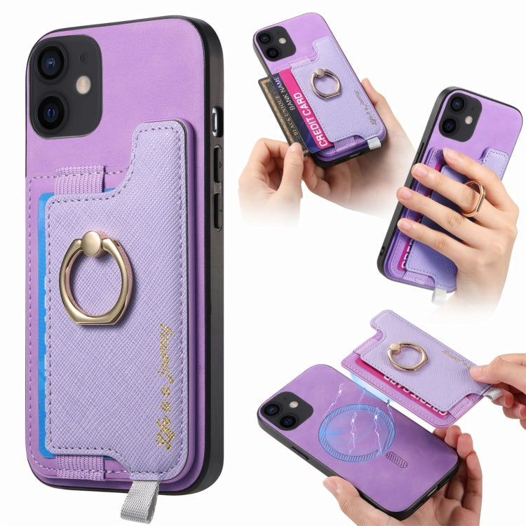 For iPhone 12 / 12 Pro Retro Magsafe Cross Leather Ring Holder Card Bag Phone Case(Purple) - More iPhone Cases by buy2fix | Online Shopping UK | buy2fix
