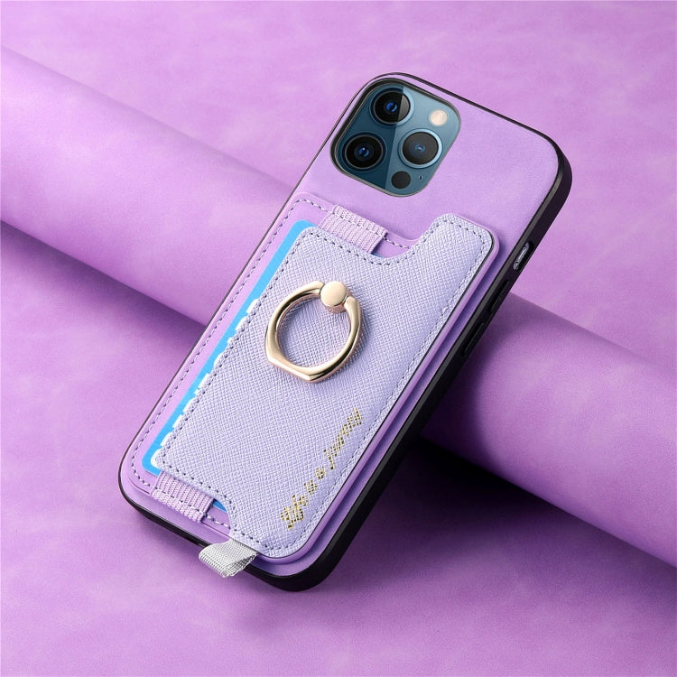 For iPhone 12 / 12 Pro Retro Magsafe Cross Leather Ring Holder Card Bag Phone Case(Purple) - More iPhone Cases by buy2fix | Online Shopping UK | buy2fix