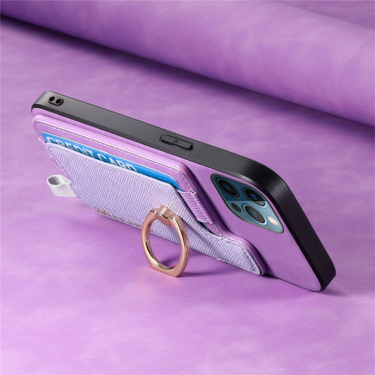 For iPhone 12 / 12 Pro Retro Magsafe Cross Leather Ring Holder Card Bag Phone Case(Purple) - More iPhone Cases by buy2fix | Online Shopping UK | buy2fix