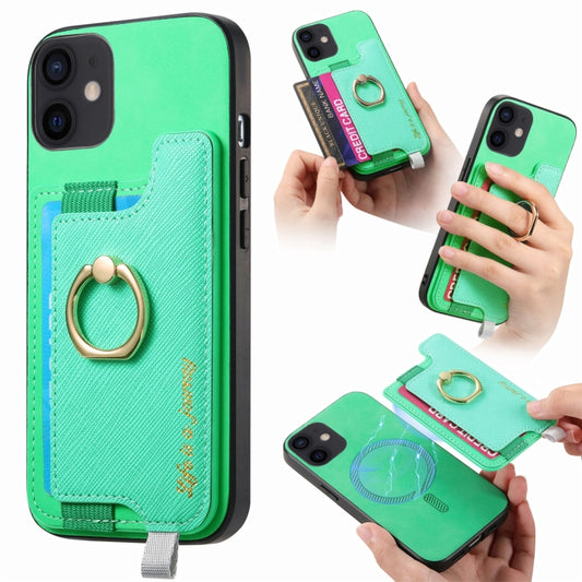 For iPhone 12 / 12 Pro Retro Magsafe Cross Leather Ring Holder Card Bag Phone Case(Green) - More iPhone Cases by buy2fix | Online Shopping UK | buy2fix