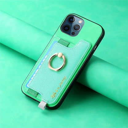 For iPhone 12 / 12 Pro Retro Magsafe Cross Leather Ring Holder Card Bag Phone Case(Green) - More iPhone Cases by buy2fix | Online Shopping UK | buy2fix
