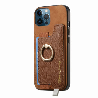 For iPhone 12 / 12 Pro Retro Magsafe Cross Leather Ring Holder Card Bag Phone Case(Brown) - More iPhone Cases by buy2fix | Online Shopping UK | buy2fix