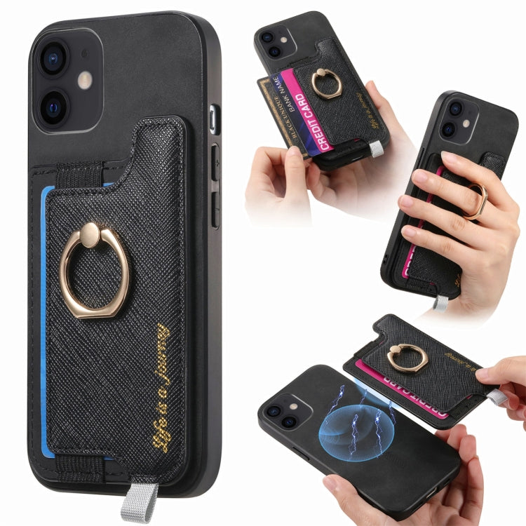 For iPhone 12 / 12 Pro Retro Magsafe Cross Leather Ring Holder Card Bag Phone Case(Black) - More iPhone Cases by buy2fix | Online Shopping UK | buy2fix