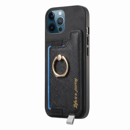 For iPhone 12 / 12 Pro Retro Magsafe Cross Leather Ring Holder Card Bag Phone Case(Black) - More iPhone Cases by buy2fix | Online Shopping UK | buy2fix