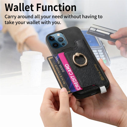 For iPhone 12 / 12 Pro Retro Magsafe Cross Leather Ring Holder Card Bag Phone Case(Black) - More iPhone Cases by buy2fix | Online Shopping UK | buy2fix