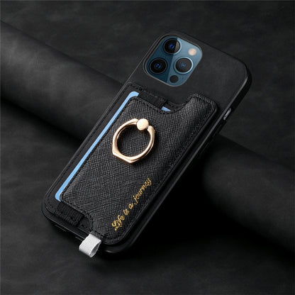 For iPhone 12 / 12 Pro Retro Magsafe Cross Leather Ring Holder Card Bag Phone Case(Black) - More iPhone Cases by buy2fix | Online Shopping UK | buy2fix