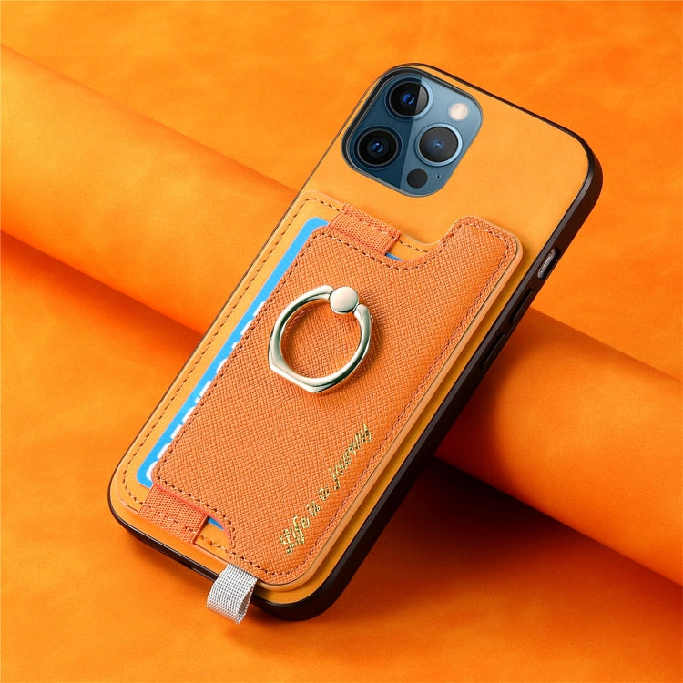 For iPhone 12 Pro Max Retro Magsafe Cross Leather Ring Holder Card Bag Phone Case(Yellow) - iPhone 12 Pro Max Cases by buy2fix | Online Shopping UK | buy2fix