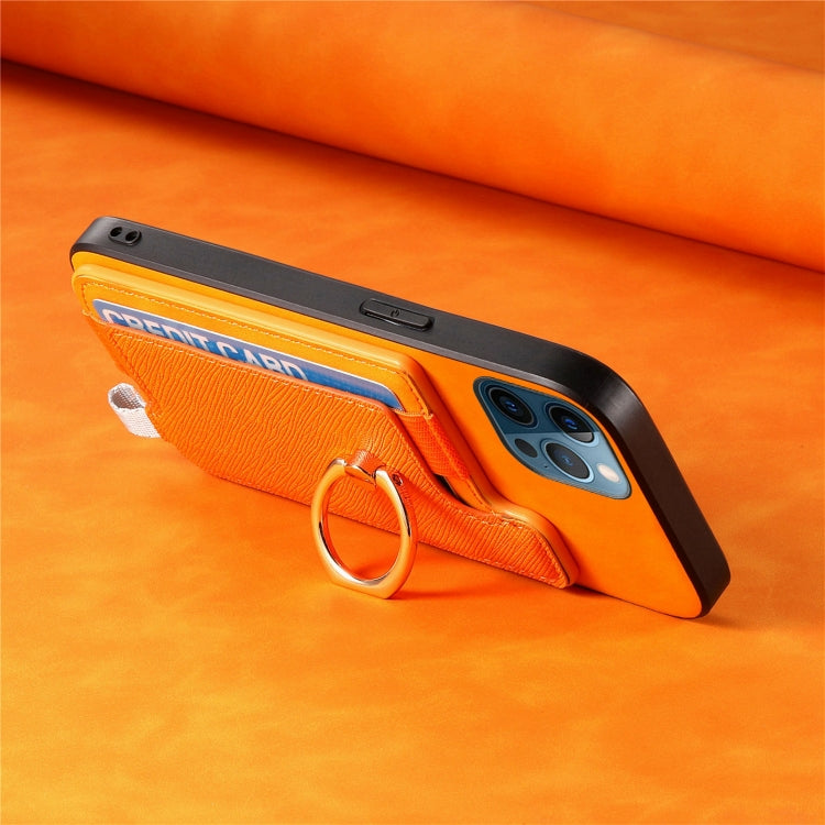 For iPhone 12 Pro Max Retro Magsafe Cross Leather Ring Holder Card Bag Phone Case(Yellow) - iPhone 12 Pro Max Cases by buy2fix | Online Shopping UK | buy2fix