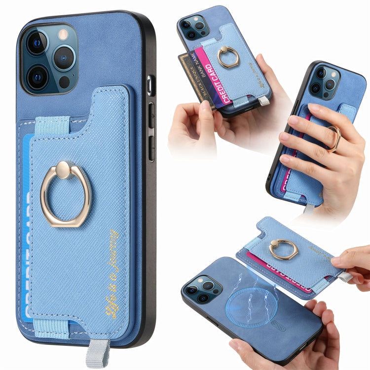 For iPhone 12 Pro Max Retro Magsafe Cross Leather Ring Holder Card Bag Phone Case(Blue) - iPhone 12 Pro Max Cases by buy2fix | Online Shopping UK | buy2fix