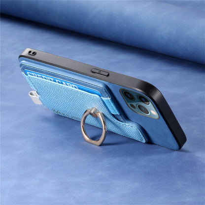 For iPhone 12 Pro Max Retro Magsafe Cross Leather Ring Holder Card Bag Phone Case(Blue) - iPhone 12 Pro Max Cases by buy2fix | Online Shopping UK | buy2fix