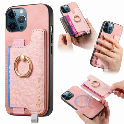For iPhone 12 Pro Max Retro Magsafe Cross Leather Ring Holder Card Bag Phone Case(Pink) - iPhone 12 Pro Max Cases by buy2fix | Online Shopping UK | buy2fix