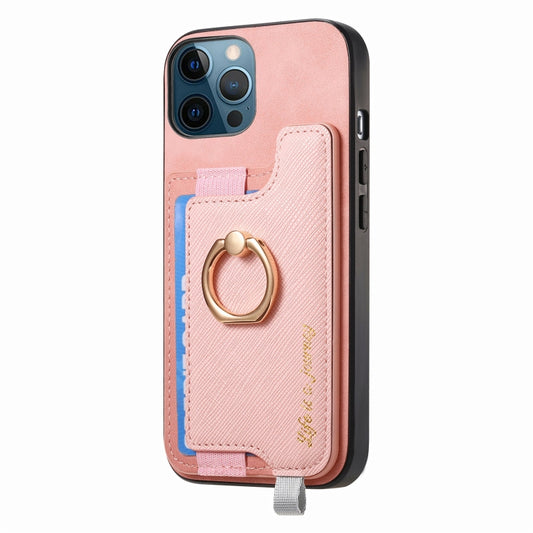 For iPhone 12 Pro Max Retro Magsafe Cross Leather Ring Holder Card Bag Phone Case(Pink) - iPhone 12 Pro Max Cases by buy2fix | Online Shopping UK | buy2fix