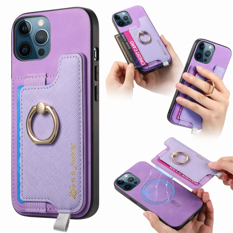 For iPhone 12 Pro Max Retro Magsafe Cross Leather Ring Holder Card Bag Phone Case(Purple) - iPhone 12 Pro Max Cases by buy2fix | Online Shopping UK | buy2fix