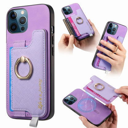 For iPhone 12 Pro Max Retro Magsafe Cross Leather Ring Holder Card Bag Phone Case(Purple) - iPhone 12 Pro Max Cases by buy2fix | Online Shopping UK | buy2fix