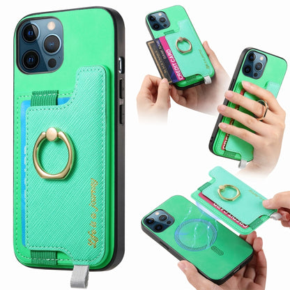 For iPhone 12 Pro Max Retro Magsafe Cross Leather Ring Holder Card Bag Phone Case(Green) - iPhone 12 Pro Max Cases by buy2fix | Online Shopping UK | buy2fix