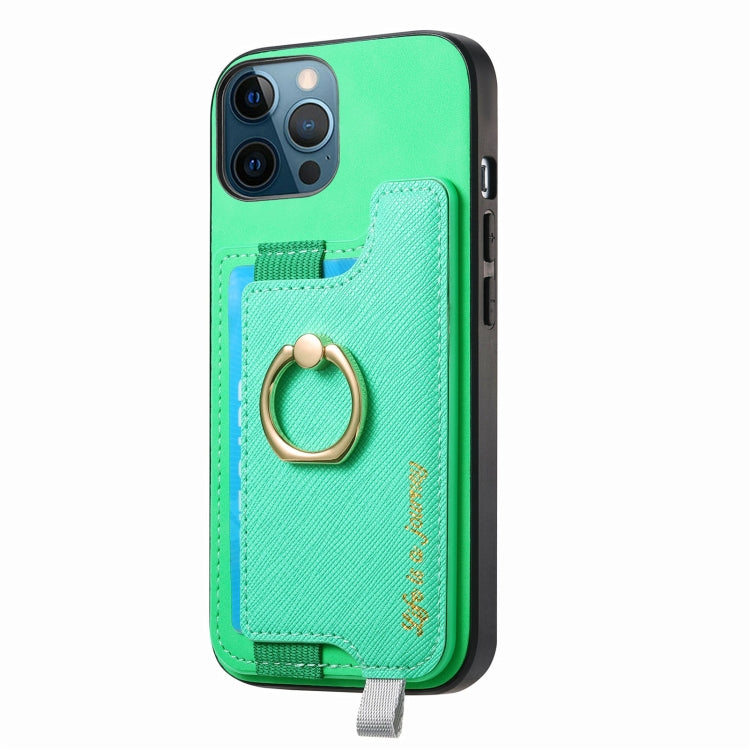 For iPhone 12 Pro Max Retro Magsafe Cross Leather Ring Holder Card Bag Phone Case(Green) - iPhone 12 Pro Max Cases by buy2fix | Online Shopping UK | buy2fix