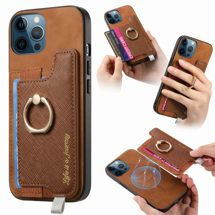 For iPhone 12 Pro Max Retro Magsafe Cross Leather Ring Holder Card Bag Phone Case(Brown) - iPhone 12 Pro Max Cases by buy2fix | Online Shopping UK | buy2fix
