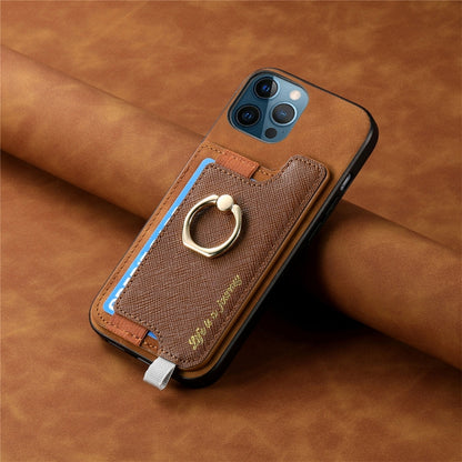 For iPhone 12 Pro Max Retro Magsafe Cross Leather Ring Holder Card Bag Phone Case(Brown) - iPhone 12 Pro Max Cases by buy2fix | Online Shopping UK | buy2fix