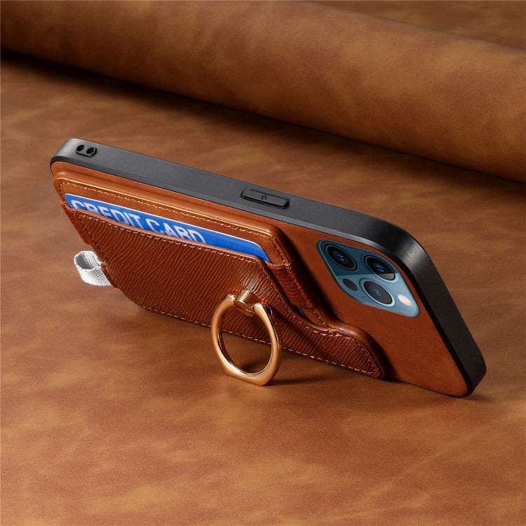 For iPhone 12 Pro Max Retro Magsafe Cross Leather Ring Holder Card Bag Phone Case(Brown) - iPhone 12 Pro Max Cases by buy2fix | Online Shopping UK | buy2fix