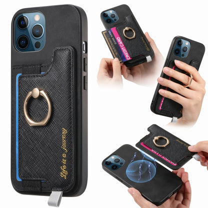 For iPhone 12 Pro Max Retro Magsafe Cross Leather Ring Holder Card Bag Phone Case(Black) - iPhone 12 Pro Max Cases by buy2fix | Online Shopping UK | buy2fix